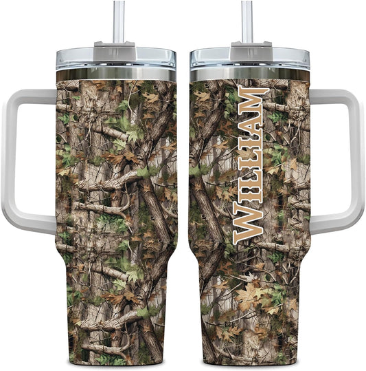 Deer Hunting Camo Tumbler 40oz – Personalized Stainless Steel Insulated Travel Cup with Handle & Straw – Practical Gift for Hunters