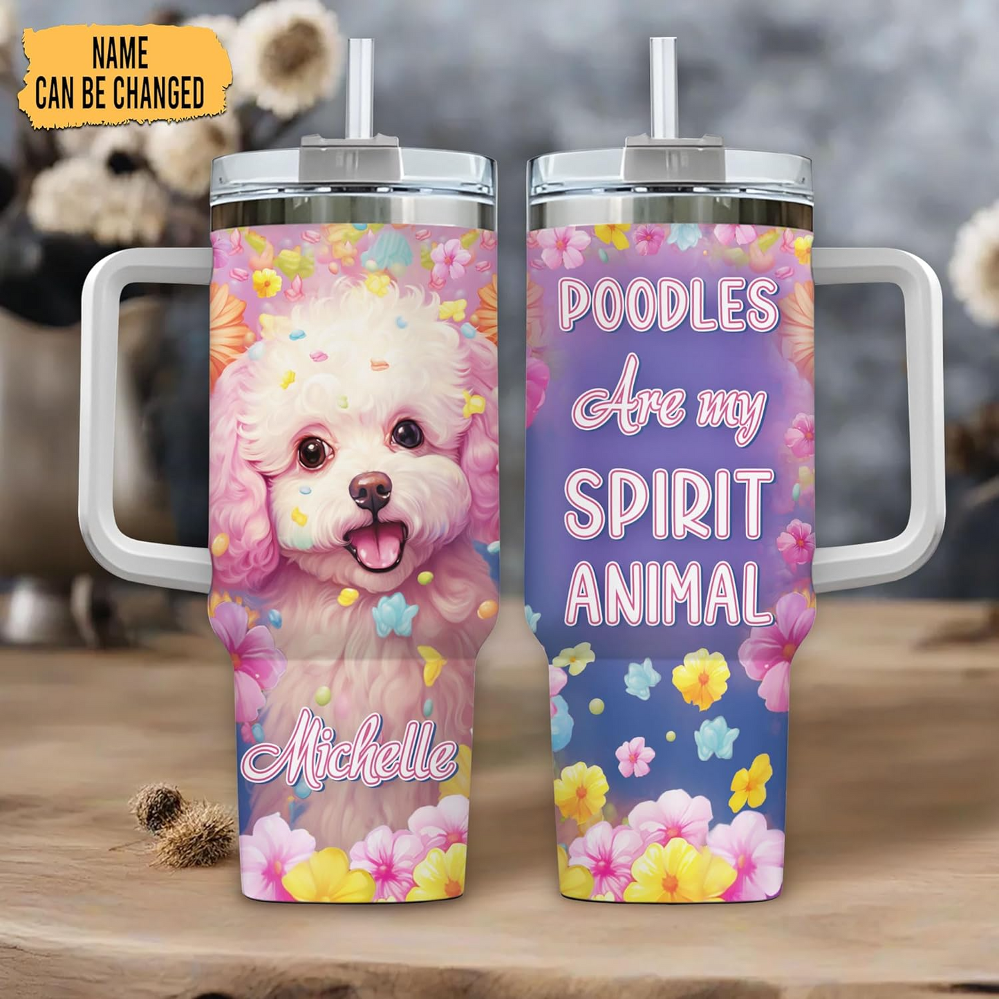 Poodle Spirit Animal Tumbler 40oz – Personalized Stainless Steel Travel Cup with Handle & Straw – Cute Gift for Dog Moms & Pet Lovers