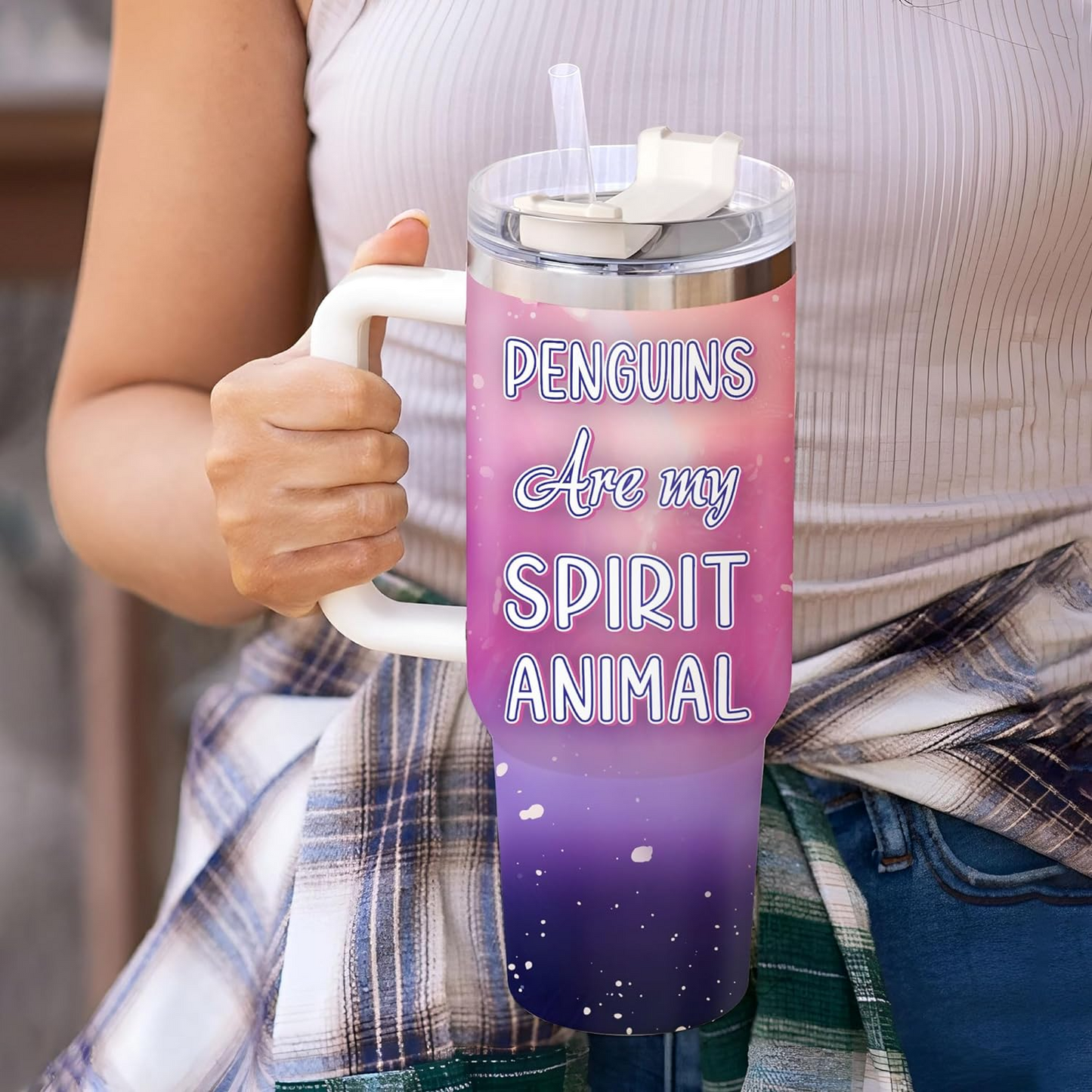 Penguin Lover Tumbler 40oz with Handle & Straw – Personalized Stainless Steel Insulated Travel Cup with Lid – Cute Birthday & Christmas Gift for Animal Lovers