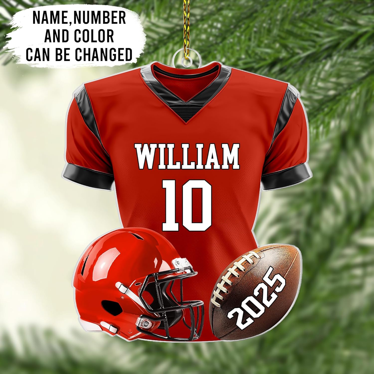 Football jersey and helmet cut acrylic ornament – personalized 2D flat silhouette, custom name holiday gift for player, coach, fan or team banquet