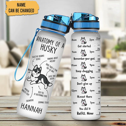 Husky Anatomy Water Bottle Tracker 32oz – Personalized Motivational Bottle with Time Marker – Funny Pet Lover Gift for Women