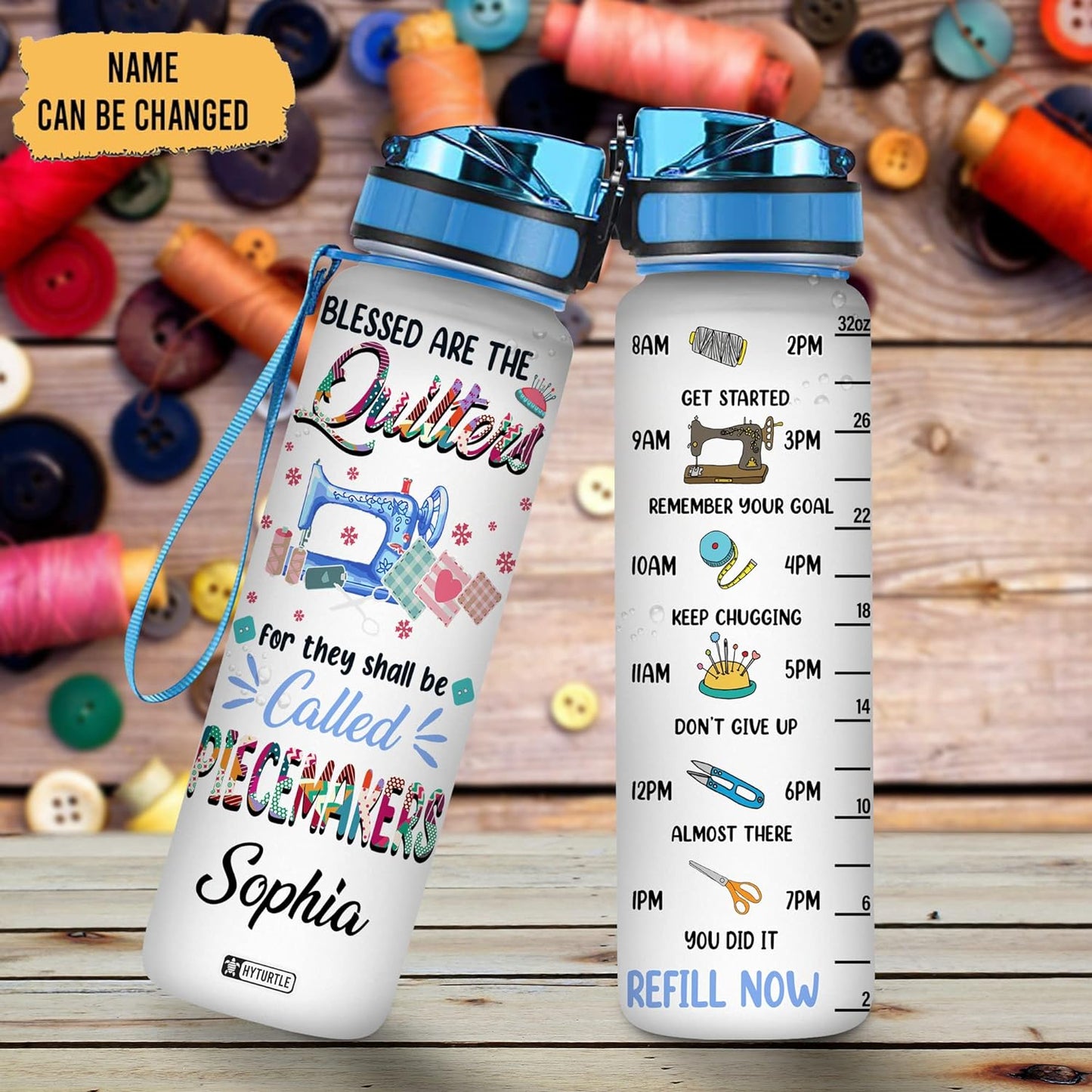 Quilter Piecemakers Water Bottle Tracker 32oz – Personalized Motivational Bottle with Time Marker – Creative Gift for Sewing Lovers