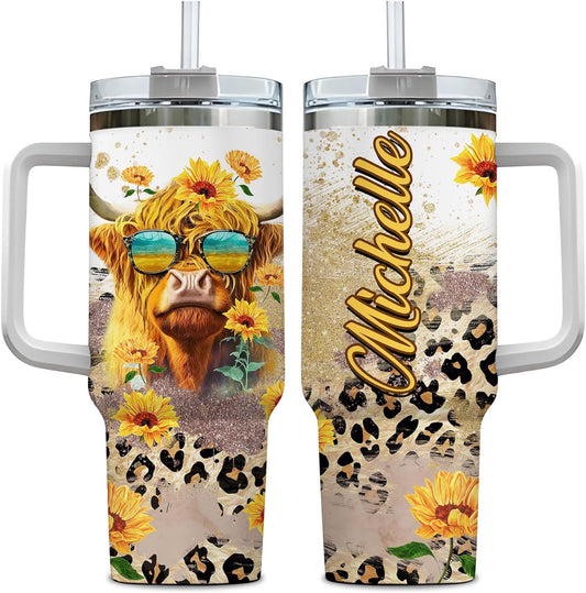 Sunflower Highland Cow Tumbler 40oz with Handle & Straw – Personalized Stainless Steel Travel Cup with Lid – Creative Gift for Animal Lovers