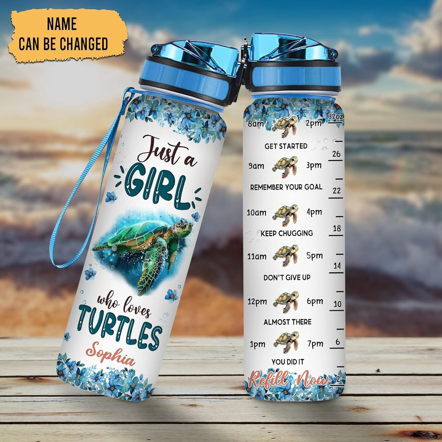 Turtle Lovers Water Bottle Tracker 32oz Personalized – Cute Sea Turtle Motivational Bottle with Time Marker – Stylish Gift for Women