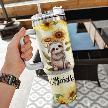 Cute Sloth & Sunflower Tumbler 40oz with Handle & Straw – Personalized Stainless Steel Insulated Travel Cup with Lid – Adorable Gift for Sloth Lovers