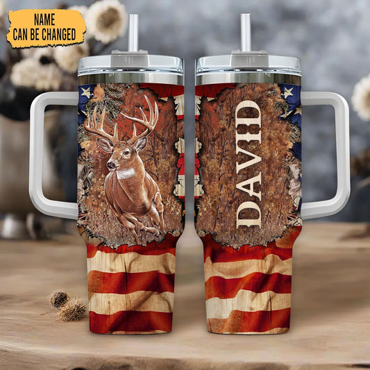Deer Hunting Tumbler 40oz with Handle & Straw – Personalized Stainless Steel Travel Cup with Lid – Outdoor Gift for Hunters & Dads