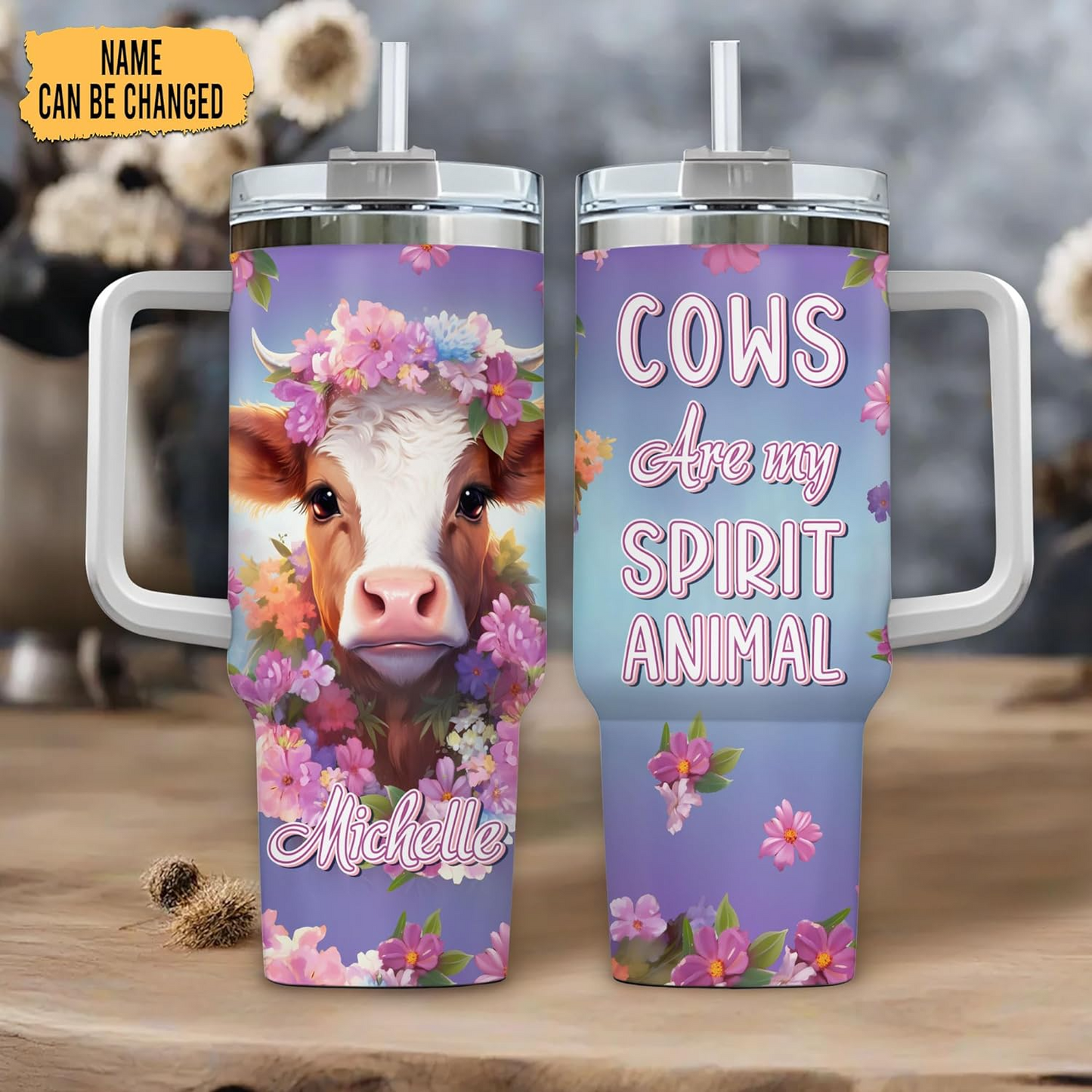 Cow Lover Tumbler 40oz with Handle & Straw – Personalized Stainless Steel Insulated Travel Cup with Lid – Cute Birthday Gift for Farm Animal Lovers