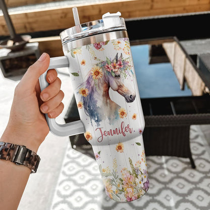 Horse Lover Tumbler 40oz with Handle & Straw – Personalized Stainless Steel Insulated Travel Cup with Lid – Stylish Gift for Equestrian Fans