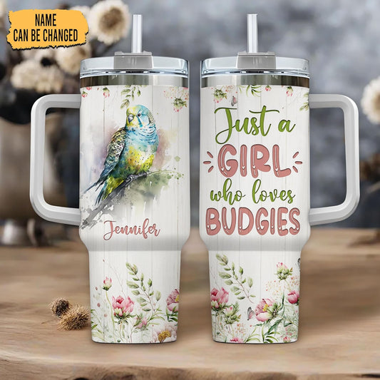 Budgie Tumbler 40oz – Personalized Stainless Steel Insulated Cup with Handle & Straw – Cute Parakeet Travel Mug Gift for Bird Lovers