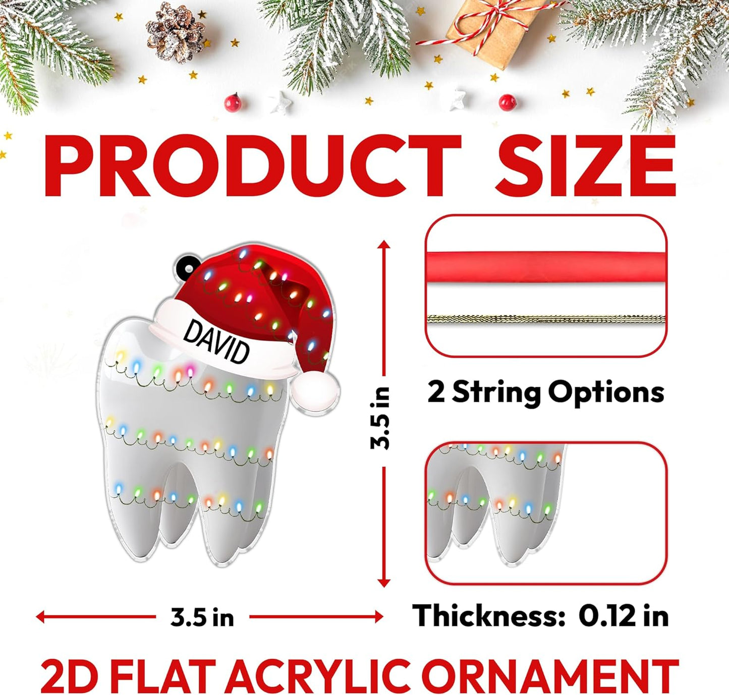 Tooth with Santa Hat Cut Acrylic Ornament – Personalized Christmas Gift for Dentist, Dental Hygienist, or Student
