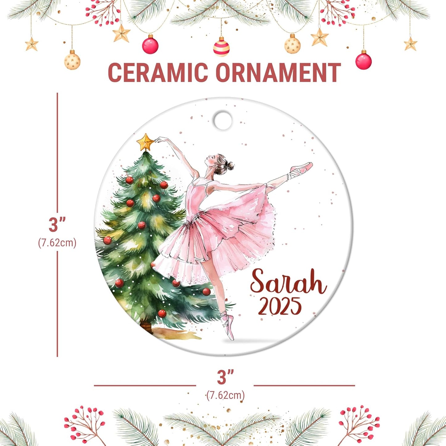 Ballet Dancer by Christmas Tree Ceramic Ornament – Personalized Name Keepsake, Custom Christmas Gift for Ballerina Girl, Dance Student or Teacher