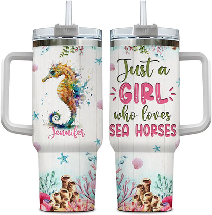 Colorful Seahorse 40oz Tumbler with Handle & Straw – Personalized Stainless Steel Insulated Travel Cup with Lid – Unique Marine Gift for Women