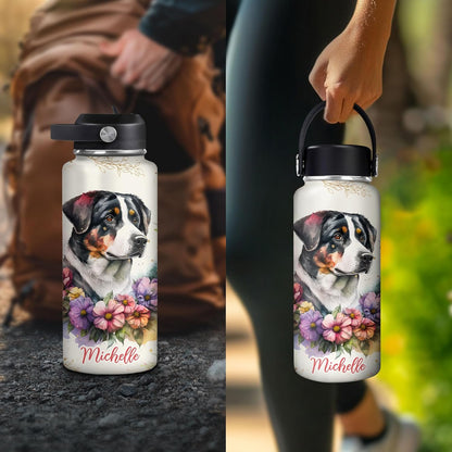 Bernese Mountain Dog Floral Water Bottle 32oz – Personalized Stainless Steel Insulated Bottle with Leak-Proof Lid – Unique Gift for Dog Lovers
