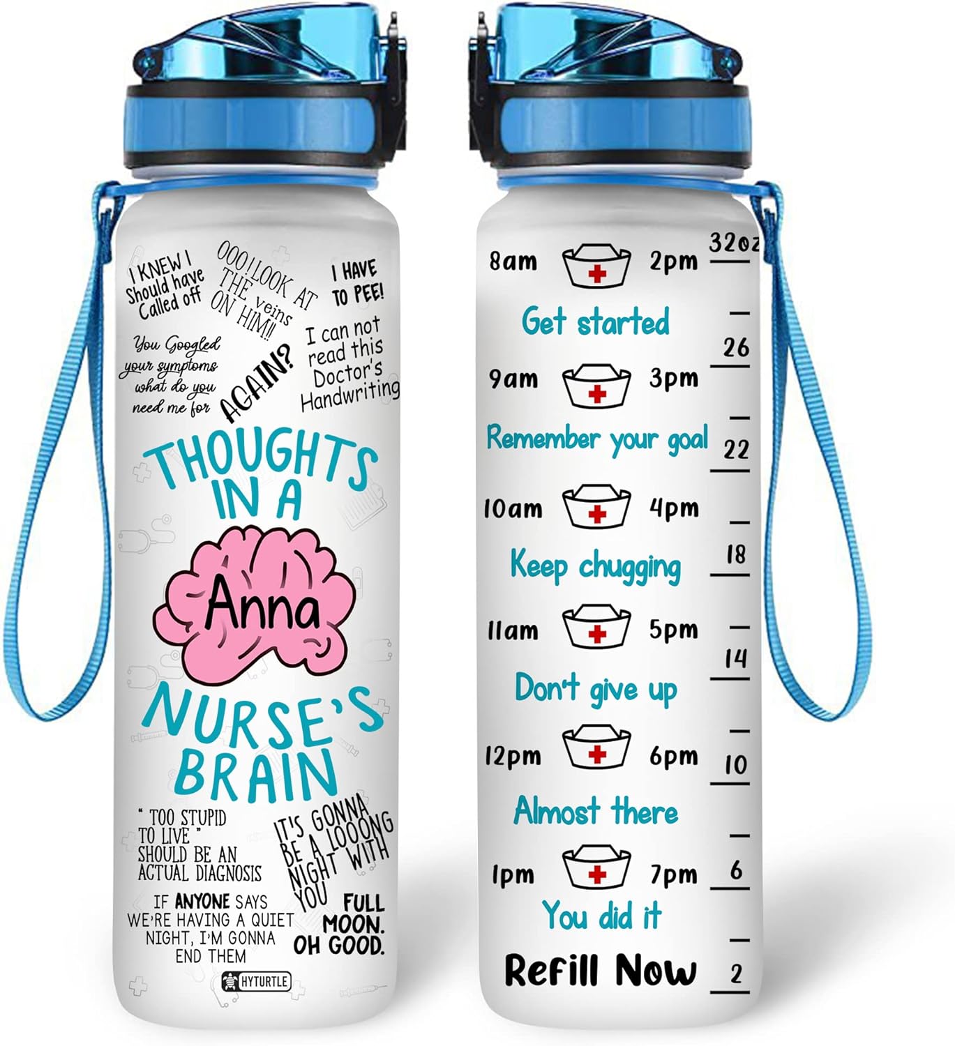 Nurse Brain Theme Water Bottle Tracker 32oz – Personalized Motivational Hydration Bottle with Time Marker – Appreciation Gift for Nurses
