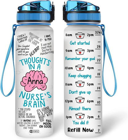 Nurse Brain Theme Water Bottle Tracker 32oz – Personalized Motivational Hydration Bottle with Time Marker – Appreciation Gift for Nurses
