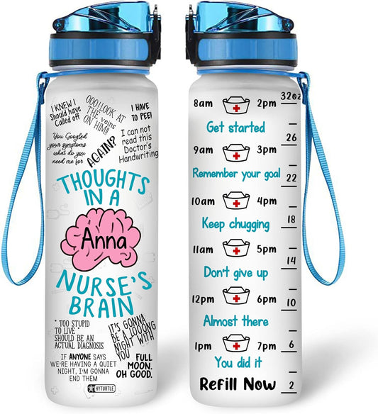 Nurse Brain Theme Water Bottle Tracker 32oz – Personalized Motivational Hydration Bottle with Time Marker – Appreciation Gift for Nurses