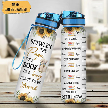 Between The Pages Of A Book Water Bottle Tracker 32oz – Personalized Motivational Hydration Bottle – Sentimental Gift for Readers