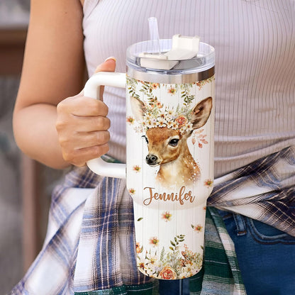 Woodland Deer 40oz Tumbler with Handle & Straw – Personalized Stainless Steel Insulated Travel Cup with Lid – Creative Gift for Nature Lovers