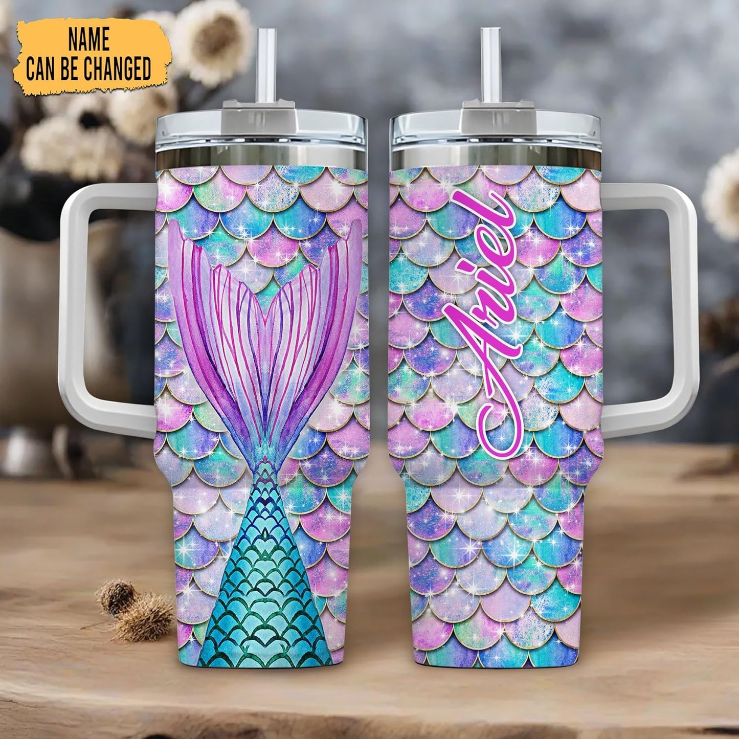 Mermaid Tail Tumbler 40oz with Handle & Straw – Personalized Stainless Steel Insulated Travel Cup with Lid – Unique Gift for Mermaid Lovers