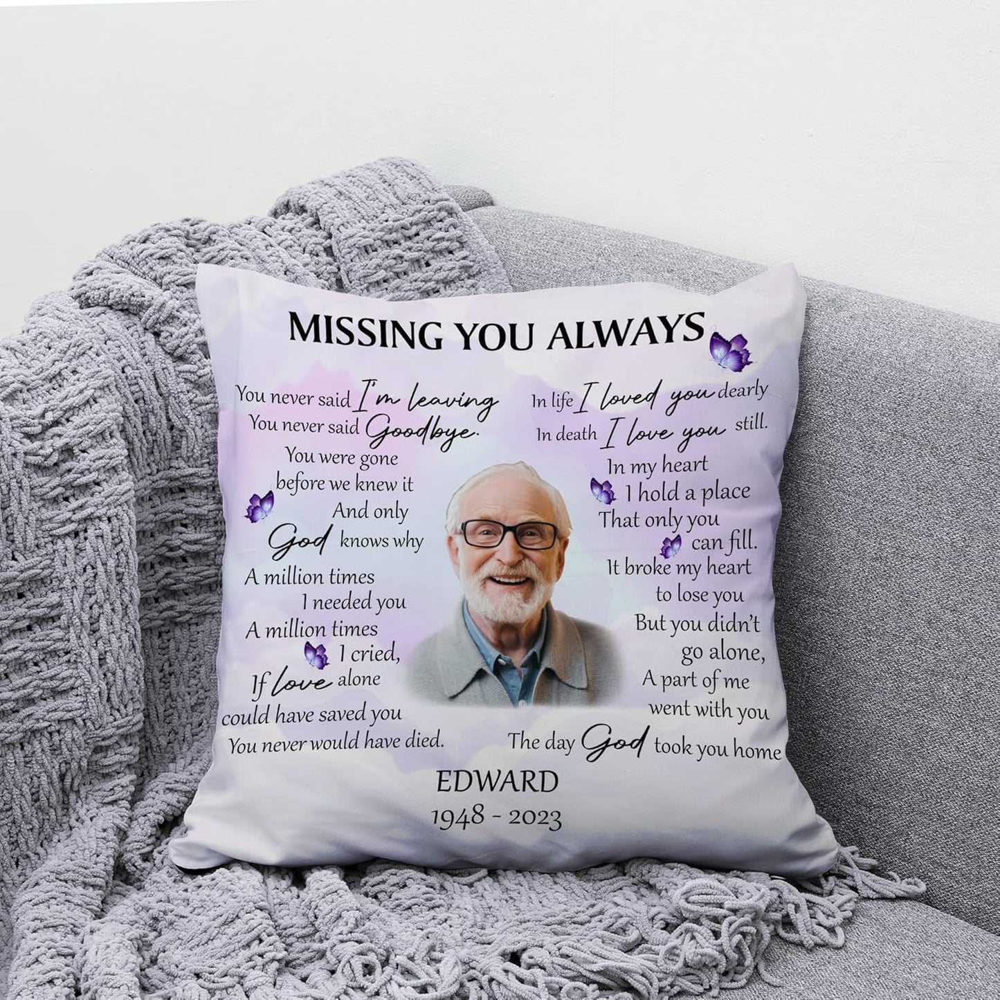 Butterfly Heaven Personalized Memorial Pillow with Insert – Custom Photo Remembrance Cushion – Healing Gift for Loss of Loved One