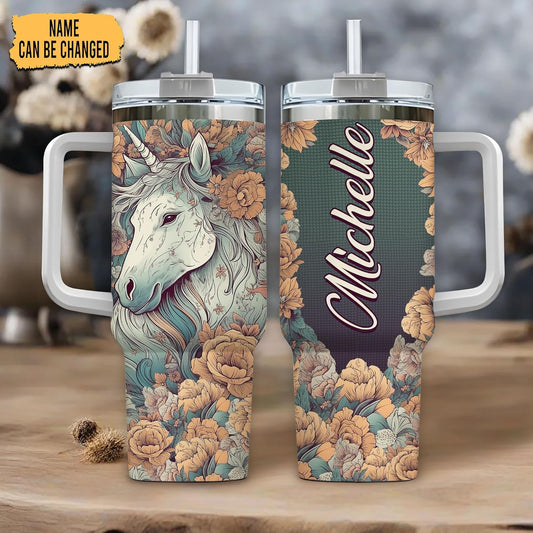 Floral Unicorn Tumbler 40oz with Handle & Straw – Personalized Stainless Steel Travel Cup with Lid – Magical Gift for Fantasy Lovers