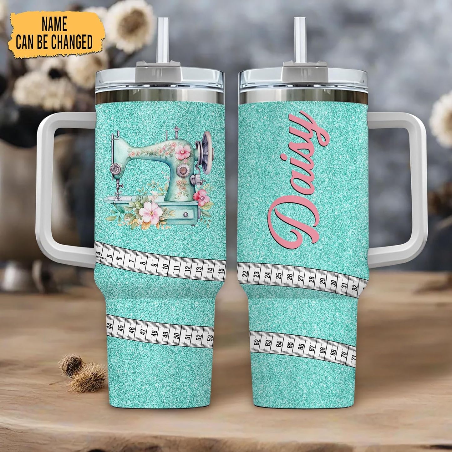 Teal Glitter Sewing Tumbler 40oz with Handle & Straw – Personalized Stainless Steel Insulated Travel Cup with Lid – Stylish Gift for Quilters & Crafters