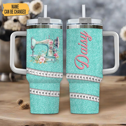 Teal Glitter Sewing Tumbler 40oz with Handle & Straw – Personalized Stainless Steel Insulated Travel Cup with Lid – Stylish Gift for Quilters & Crafters