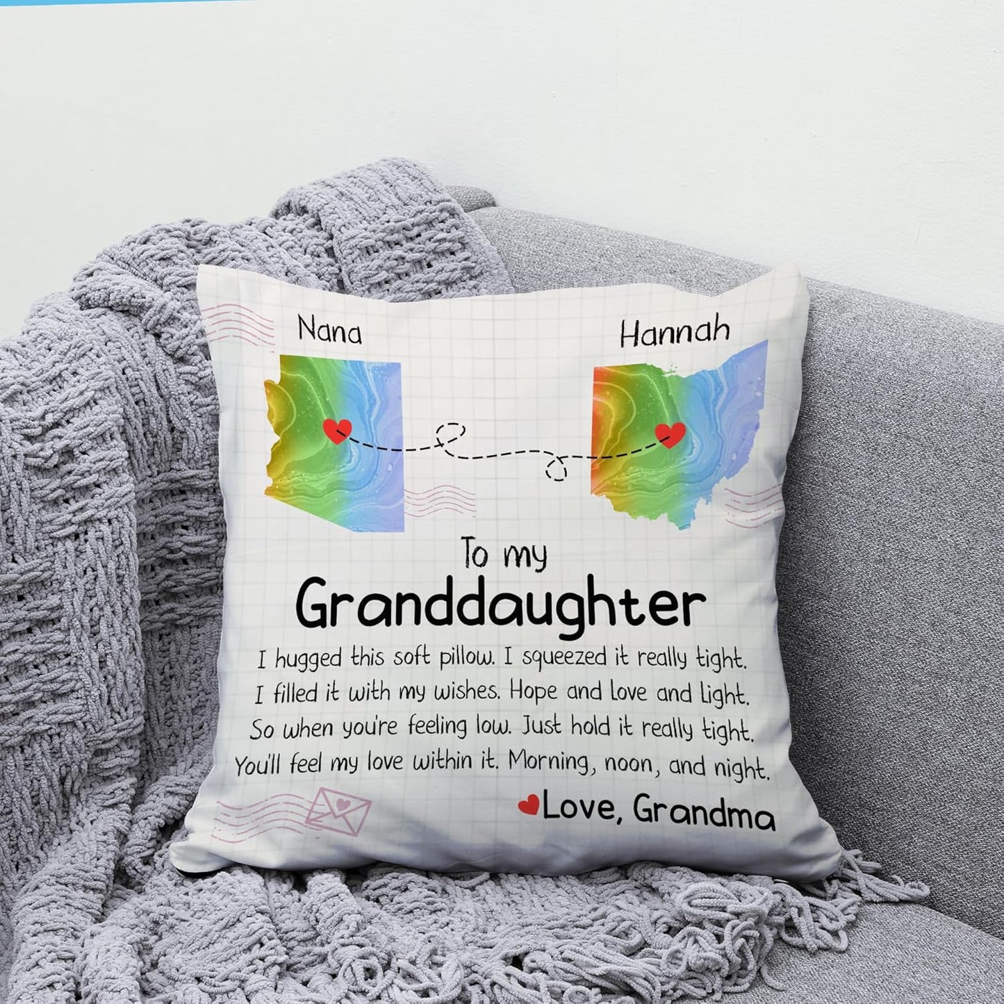 To My Granddaughter Personalized Pillow with Insert – Long Distance State Map Cushion – Cozy Keepsake Gift from Grandma