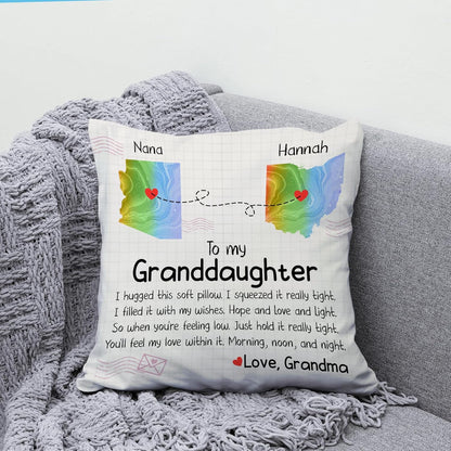 To My Granddaughter Personalized Pillow with Insert – Long Distance State Map Cushion – Cozy Keepsake Gift from Grandma