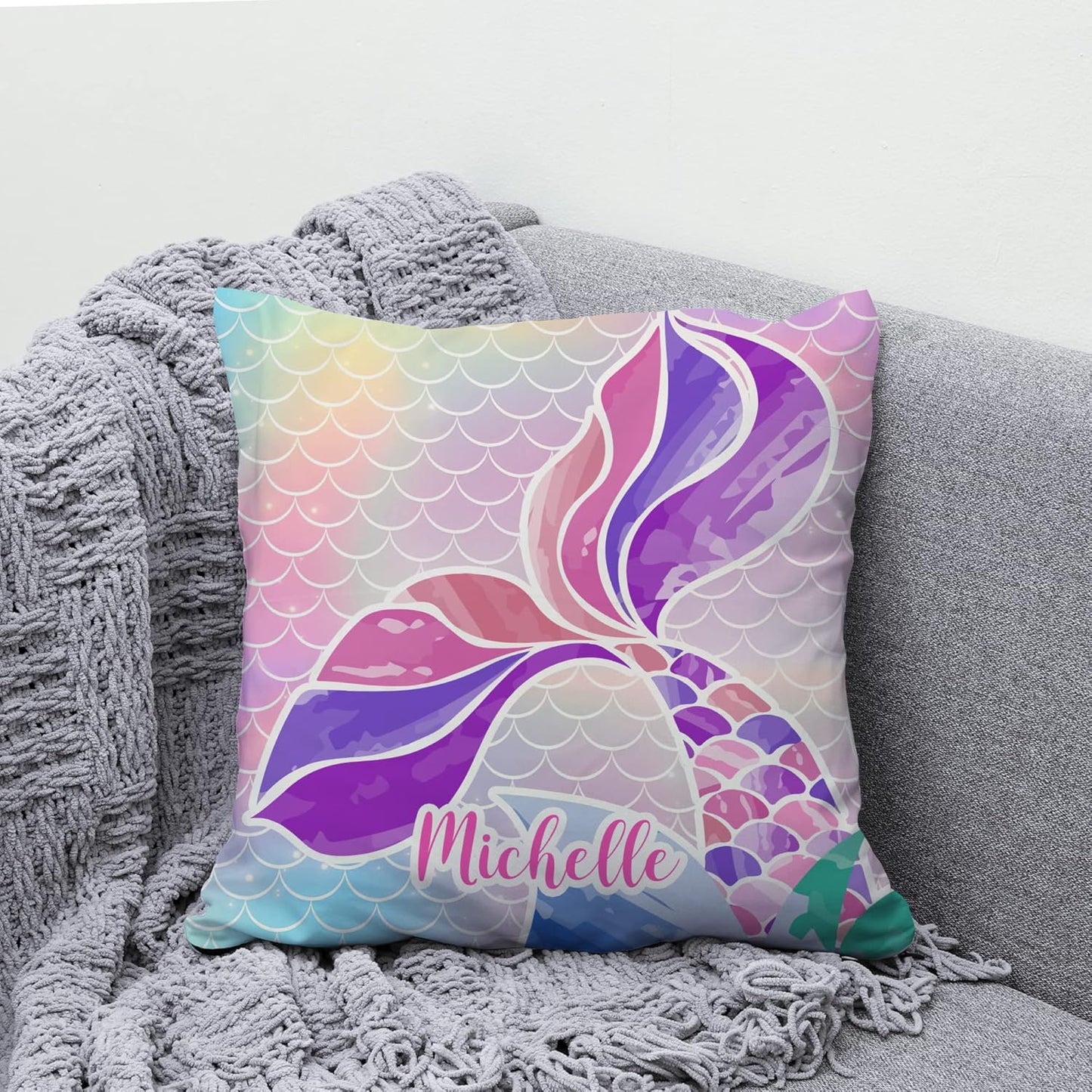 Mermaid Tail Personalized Pillow with Insert – Custom Name Cushion for Girls – Rainbow Scales Pastel Home Décor Gift for Mermaid Lovers