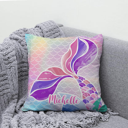 Mermaid Tail Personalized Pillow with Insert – Custom Name Cushion for Girls – Rainbow Scales Pastel Home Décor Gift for Mermaid Lovers