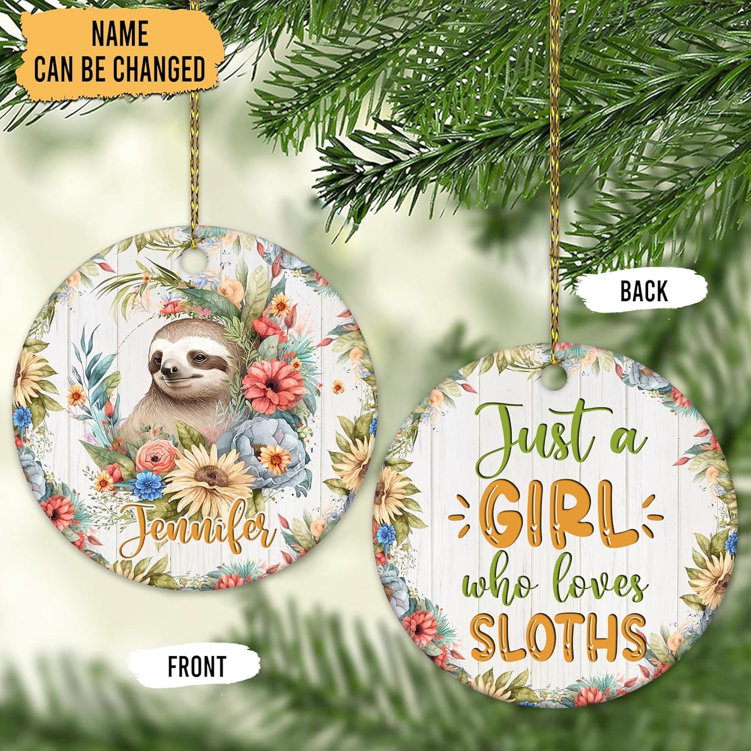 Sloth Lover Ceramic Ornament  Just A Girl Who Loves Sloths Personalized Round Decoration  Christmas Gift Keepsake