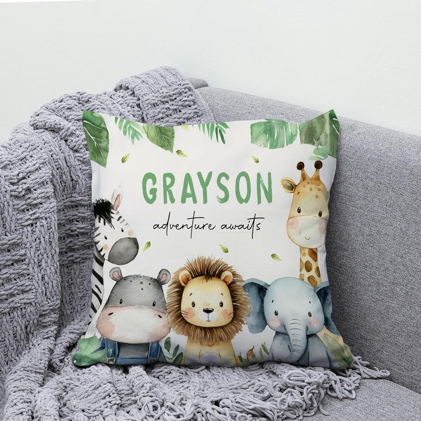 Safari Adventure Personalized Nursery Pillow with Insert – Custom Name Baby Animal Cushion – Adorable Gift for Baby Boy or Girl