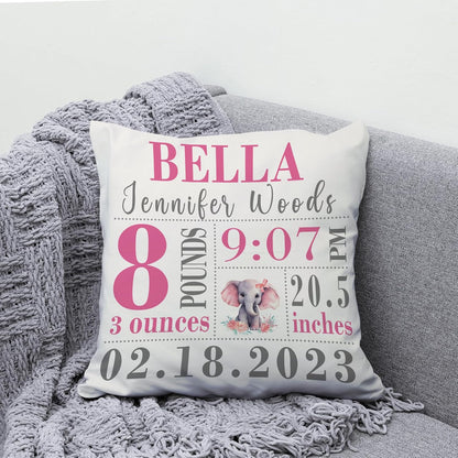 Baby Elephant Birth Stats Personalized Pillow with Insert – Custom Nursery Cushion – New Baby Girl Keepsake Gift for Parents