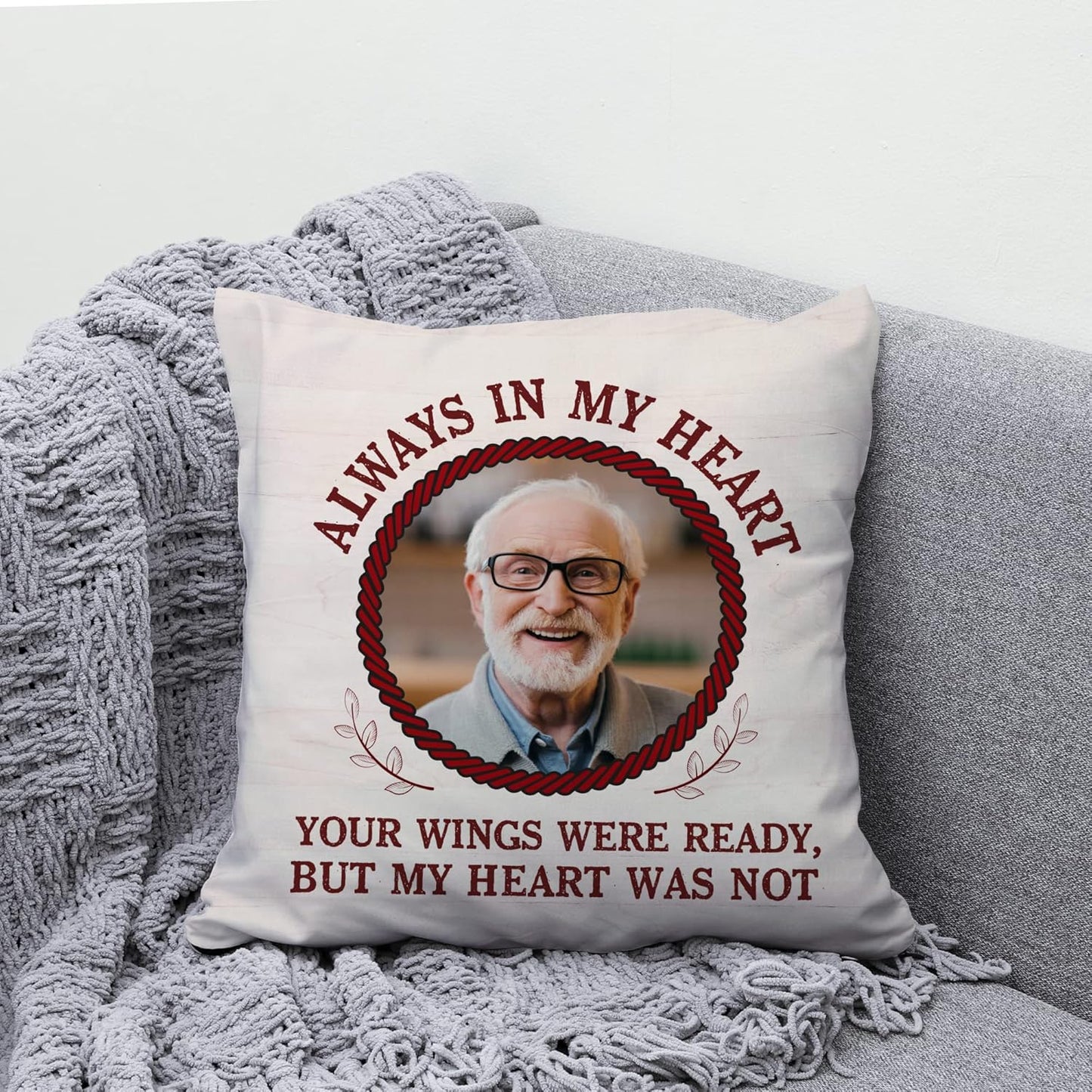 Always in My Heart Personalized Memorial Pillow with Insert – Custom Name Photo Remembrance Cushion – Healing Gift for Loved Ones