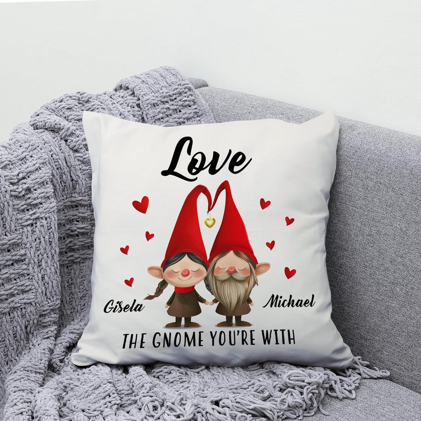 Gnome Couple Love Personalized Pillow with Insert – Cute Valentine’s Day Cushion – Anniversary Gift for Wife or Husband