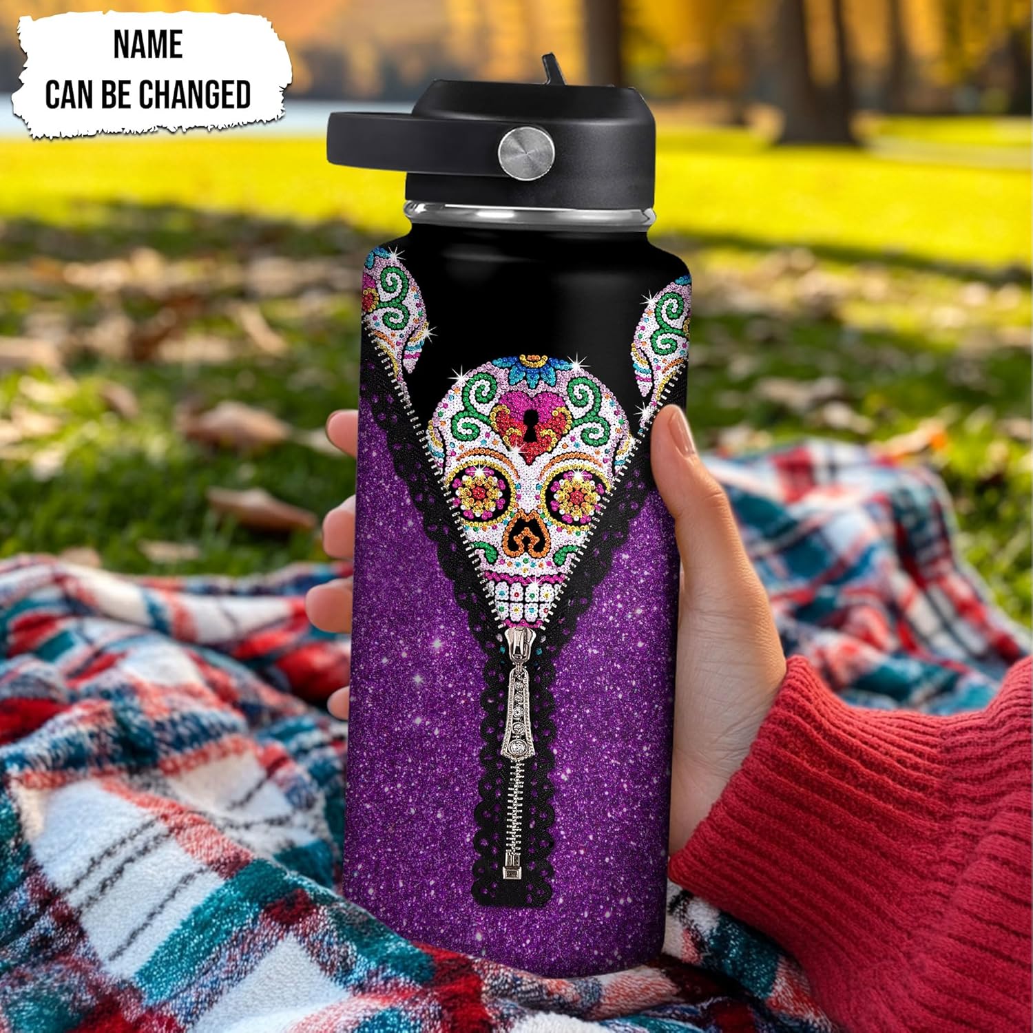 Sugar Skull Purple Flower Goth Gothic Gifts For Skull Lover – Personalized Stainless Steel Bottle 32oz