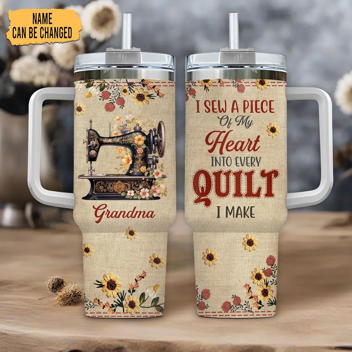 Quilting & Sewing Tumbler 40oz with Handle & Straw – Personalized Stainless Steel Insulated Travel Cup with Lid – Creative Gift for Quilters & Sewing Lovers