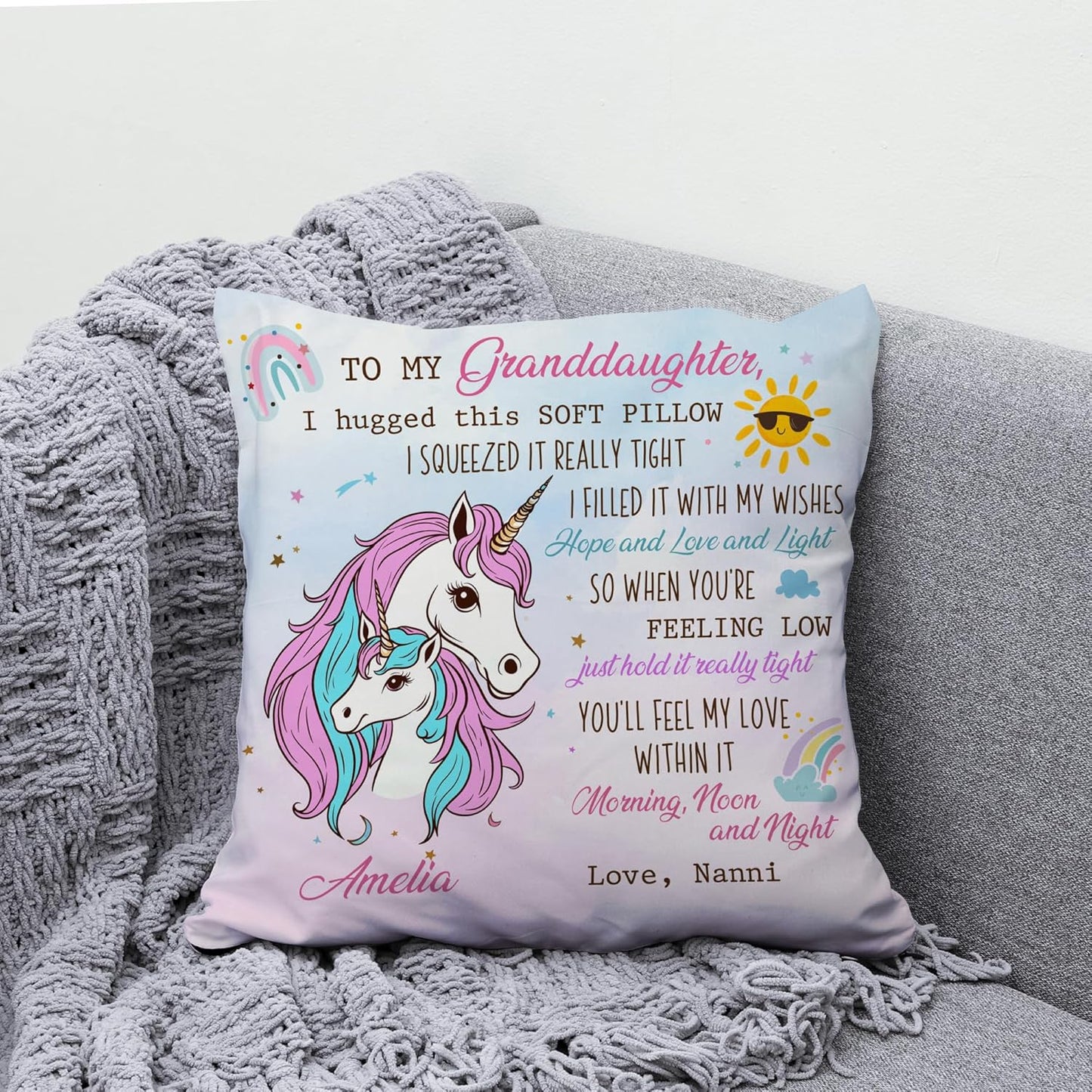 Personalized Unicorn Pillow with Insert – To My Granddaughter from Grandma – Custom Name Birthday or Graduation Gift