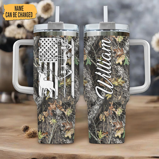 Deer Hunting Camo Tumbler 40oz with Handle & Straw – Personalized Stainless Steel Insulated Travel Cup with Lid – Rugged Gift for Hunters & Outdoorsmen