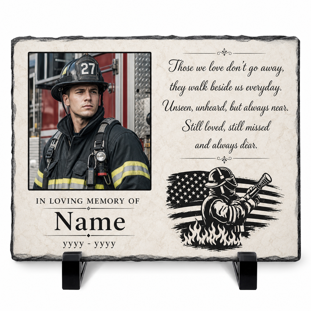 Personalized Firefighter Memorial Photo Stone – In Loving Memory of a Firefighter - Image 1 | VNMGSREPR1-6IN-EHIEU_AI_0482 VNMGSREPR1-8IN-EHIEU_AI_0482