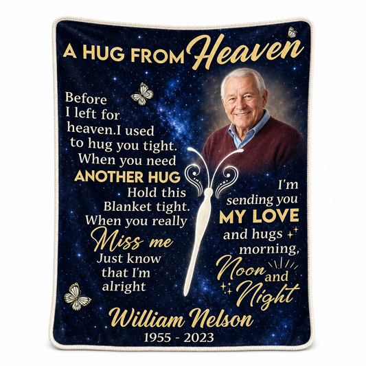 Personalized Memorial Photo Fleece Blanket - A Hug From Heaven Sympathy Gift for Loss of Dad - Image 1