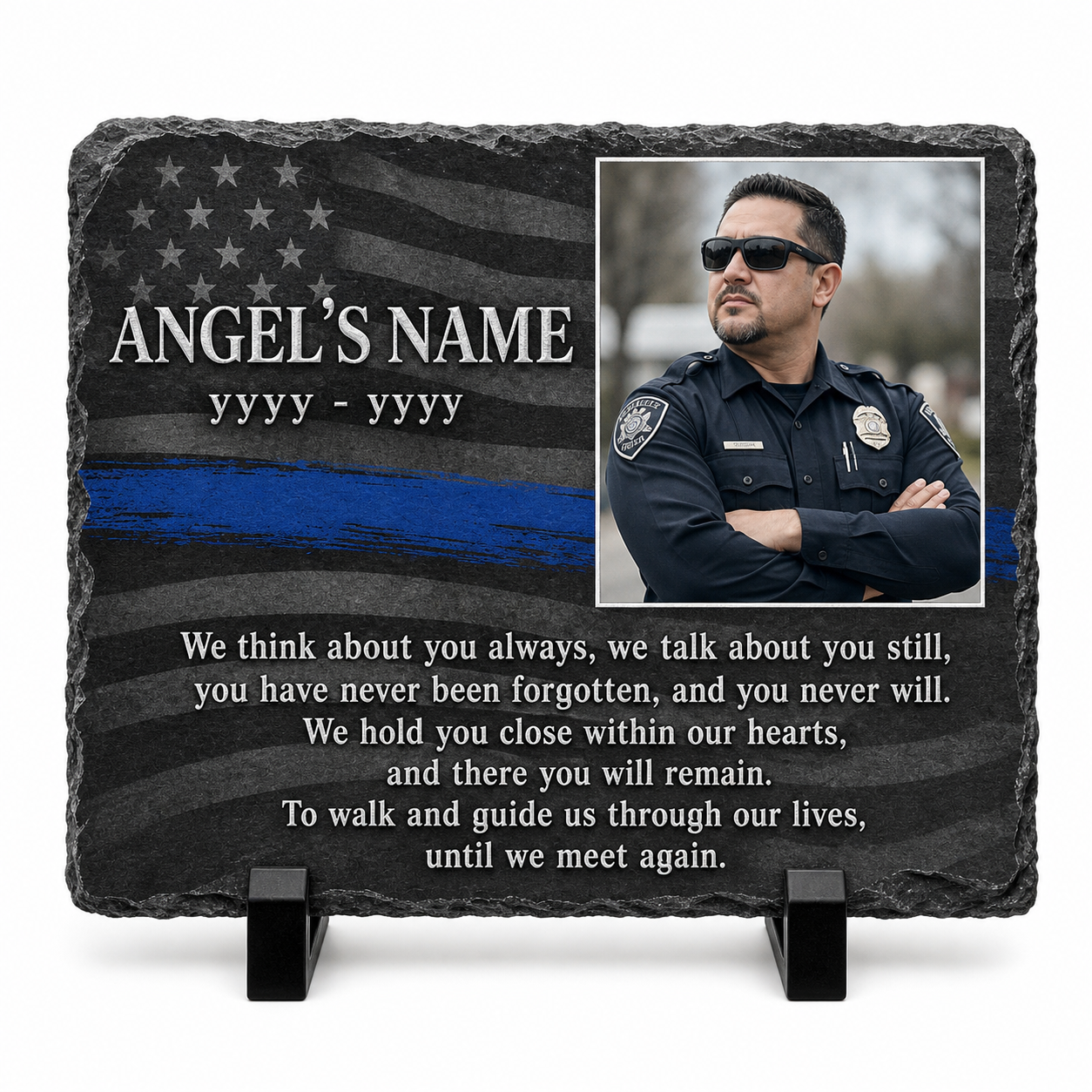 Personalized Police Officer Memorial Photo Slate – Thin Blue Line Sympathy Gift - Image 1 | VNMGSREPR1-6IN-EHIEU_AI_0440 VNMGSREPR1-8IN-EHIEU_AI_0440