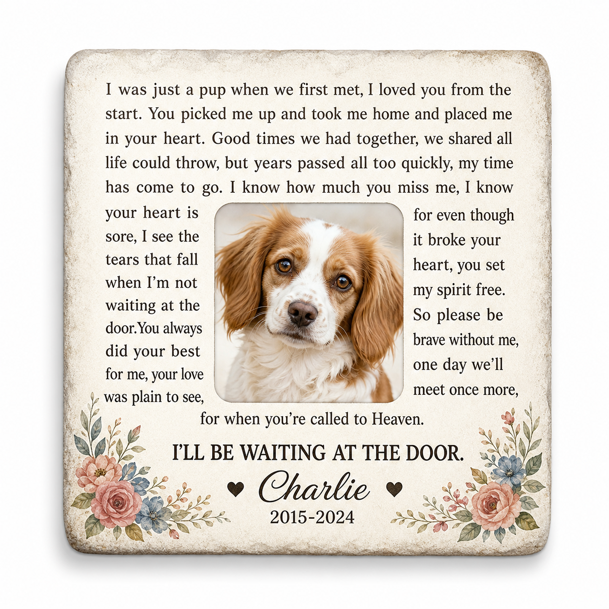 Personalized Dog Memorial Garden Stone – I Will Be Waiting at the Door Gift - Image 1 | VNMGSREPR1-6IN-EHIEU_AI_0410 VNMGSREPR1-8IN-EHIEU_AI_0410
