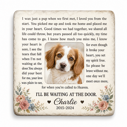 Personalized Dog Memorial Garden Stone – I Will Be Waiting at the Door Gift - Image 1 | VNMGSREPR1-6IN-EHIEU_AI_0410 VNMGSREPR1-8IN-EHIEU_AI_0410