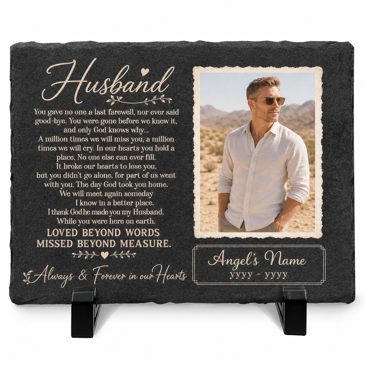 Personalized Photo Husband Memorial Garden Stone – Rectangle Slate – Loss of Husband - Image 1 | VNMGSREPR1-6IN-EHIEU_AI_0450 VNMGSREPR1-8IN-EHIEU_AI_0450