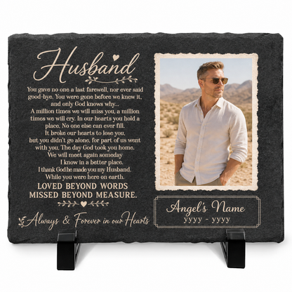 Personalized Photo Husband Memorial Garden Stone – Rectangle Slate – Loss of Husband - Image 1 | VNMGSREPR1-6IN-EHIEU_AI_0450 VNMGSREPR1-8IN-EHIEU_AI_0450