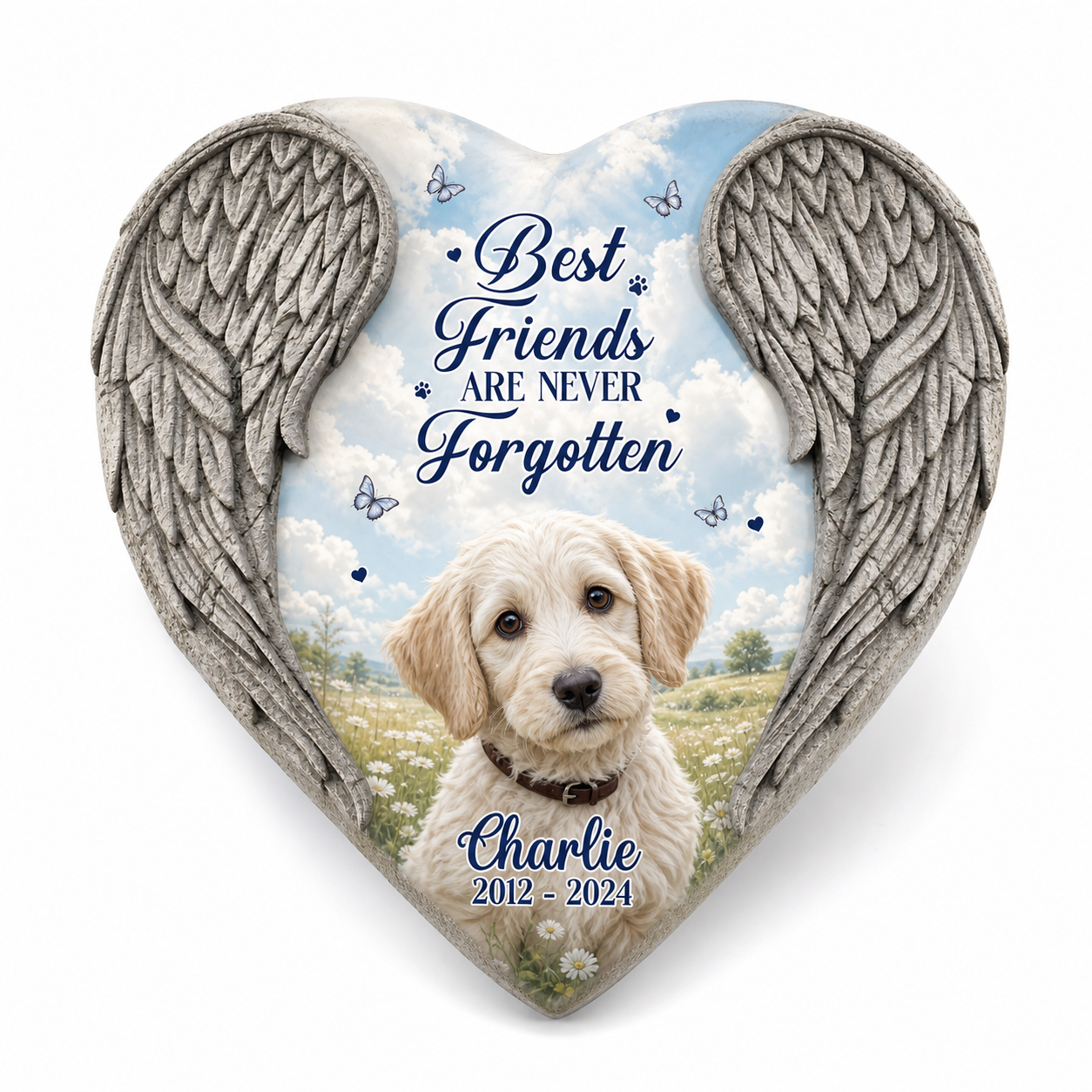 Personalized Heart Shaped Pet Memorial Garden Stone – Angel Wing Dog Loss Gift - Image 1 | VNMGSREPR1-6IN-EHIEU_AI_0413 VNMGSREPR1-8IN-EHIEU_AI_0413
