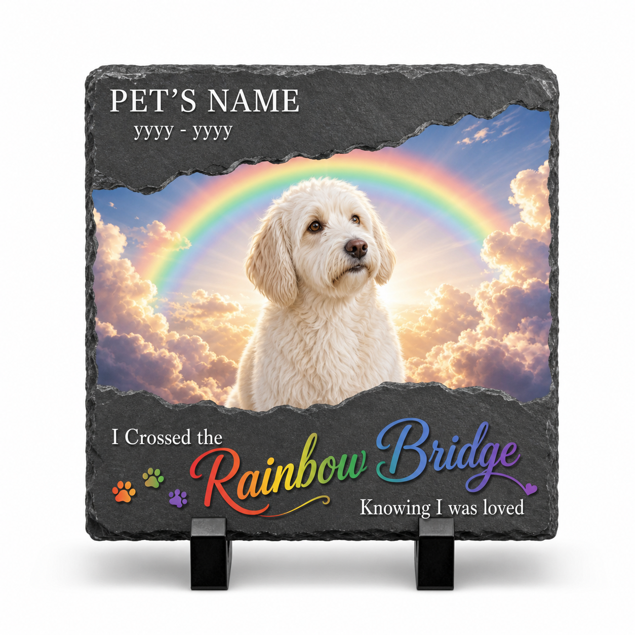 Personalized Rainbow Bridge Dog Memorial Slate Stone – Pet Loss Sympathy Gift - Image 1 | VNMGSREPR1-6IN-EHIEU_AI_0441 VNMGSREPR1-8IN-EHIEU_AI_0441