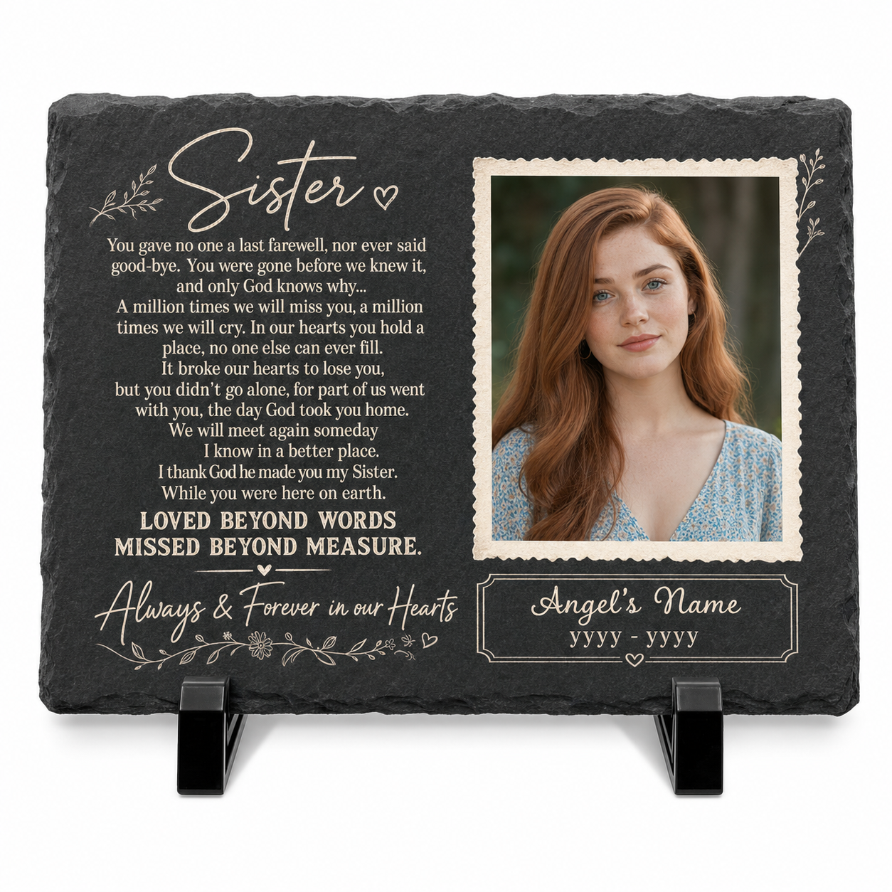 Personalized Sister Memorial Garden Stone – Photo Slate Plaque Gift for Loss of Sister - Image 1 | VNMGSREPR1-6IN-EHIEU_AI_0448 VNMGSREPR1-8IN-EHIEU_AI_0448